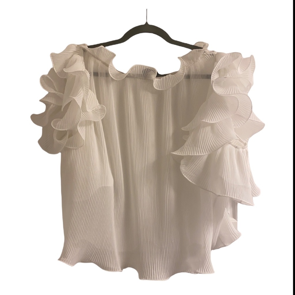 Alpha & Omega White sheer, ruffled blouse.